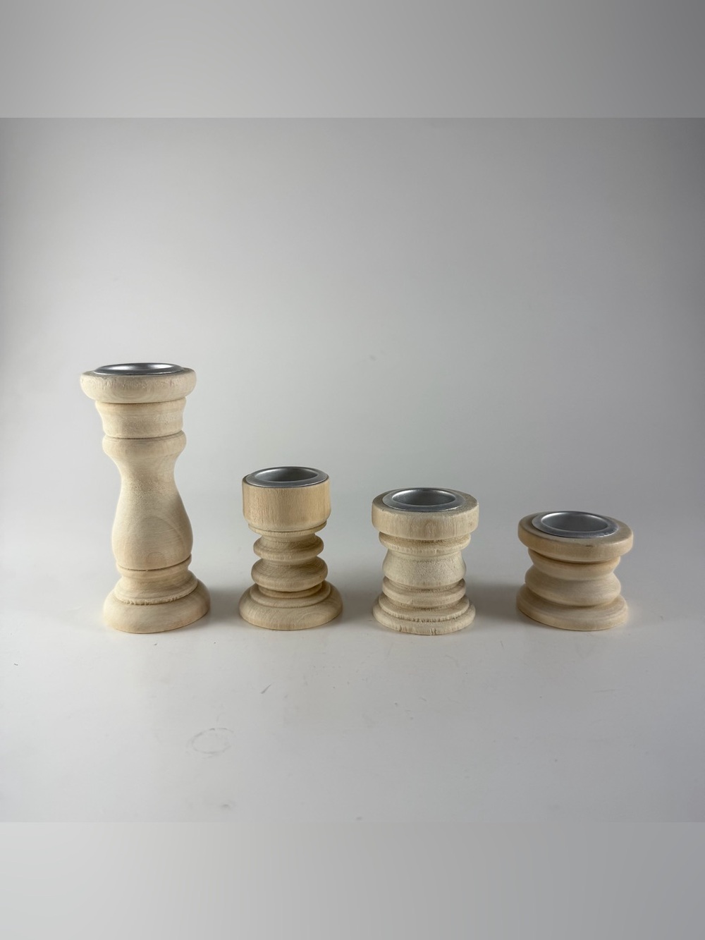 Set of 4 Unfinished Wood Candle Holders Metal Inserts DIY Craft Paint Decor